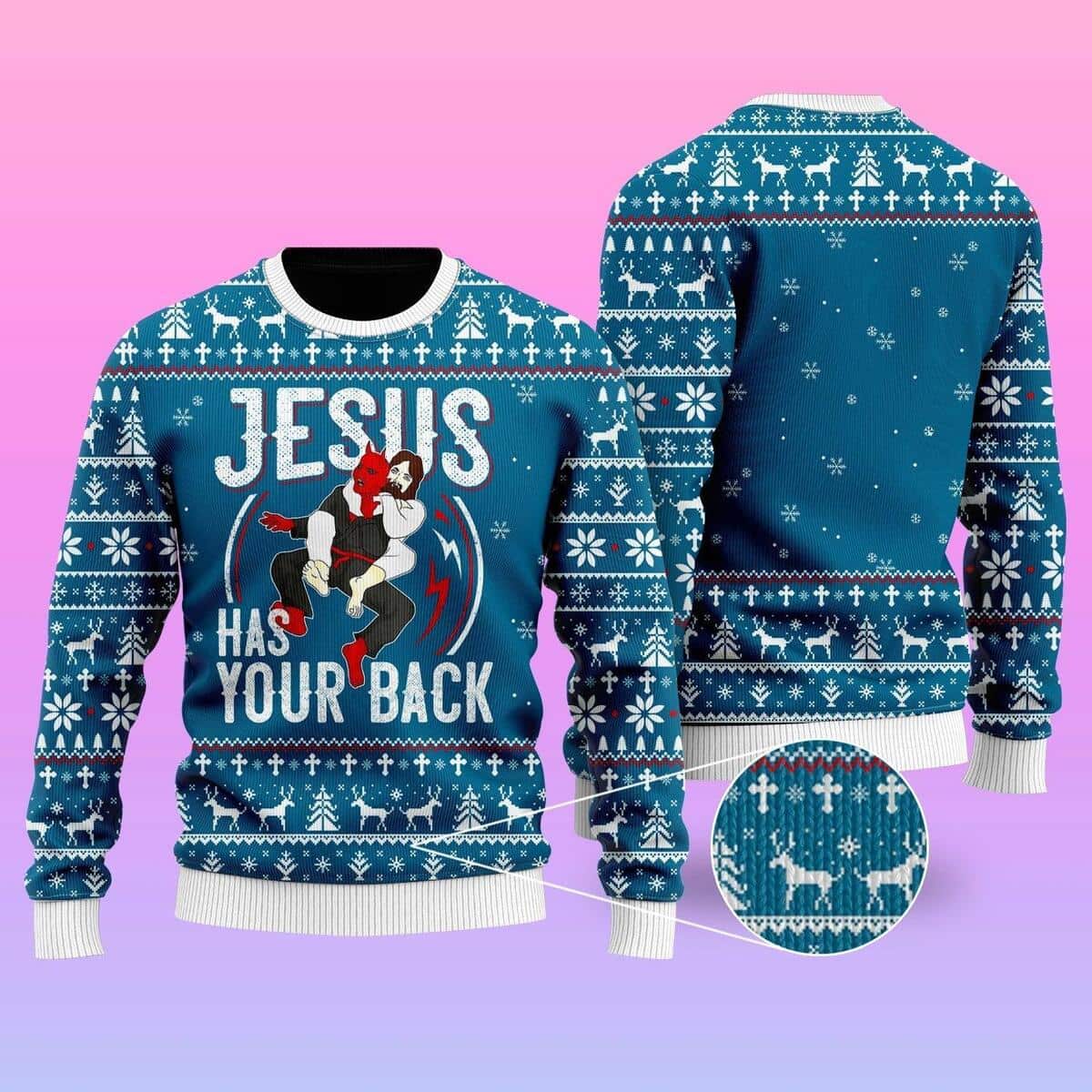 Funny Jesus Has Your Back Jiu Jitsu Ugly Christmas Ugly Christmas Sweater Christian Religious Gift Funny Jesus Has Your Back Jiu Jitsu Ugly Christmas Ugly Christmas Sweater Christian Religious Gift