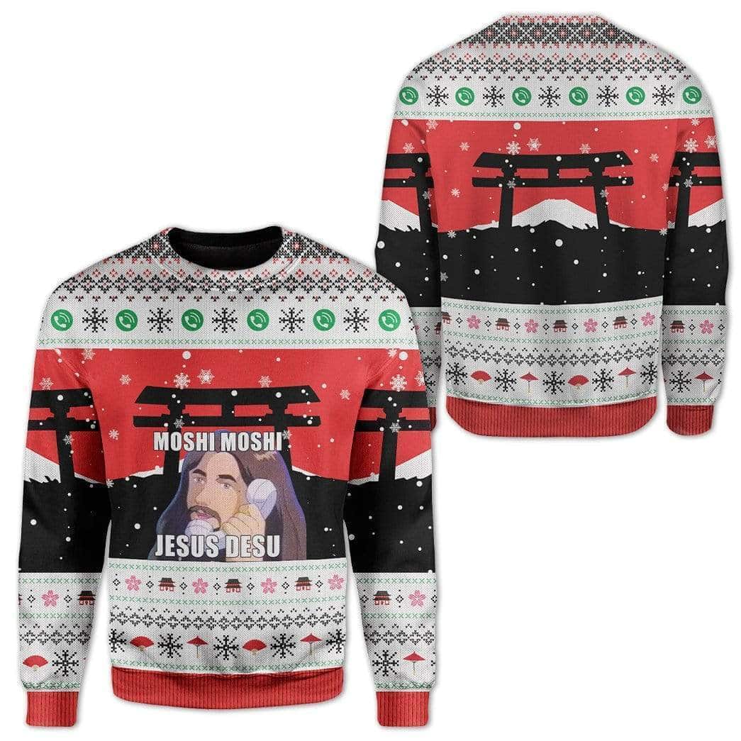 Christmas Ugly Ugly Christmas Sweater Christian Religious Gift Japanese Moshi Moshi Jesus Desu Christmas Ugly Ugly Christmas Sweater Christian Religious Gift Japanese Moshi Moshi Jesus Desu