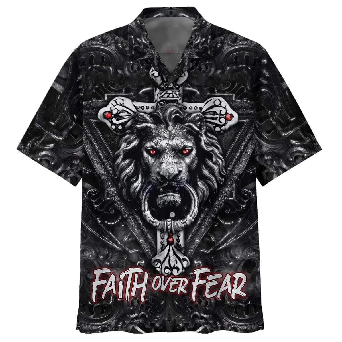 Faith Over Fear Gothic Lion Black Christian Hawaiian Shirt Faith Over Fear Gothic Lion Black Christian Hawaiian Shirt