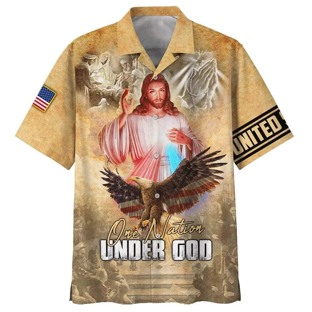 One Nation Under God Jesus Eagle Christian Faith US Flag 4th Of July Hawaiian Shirt