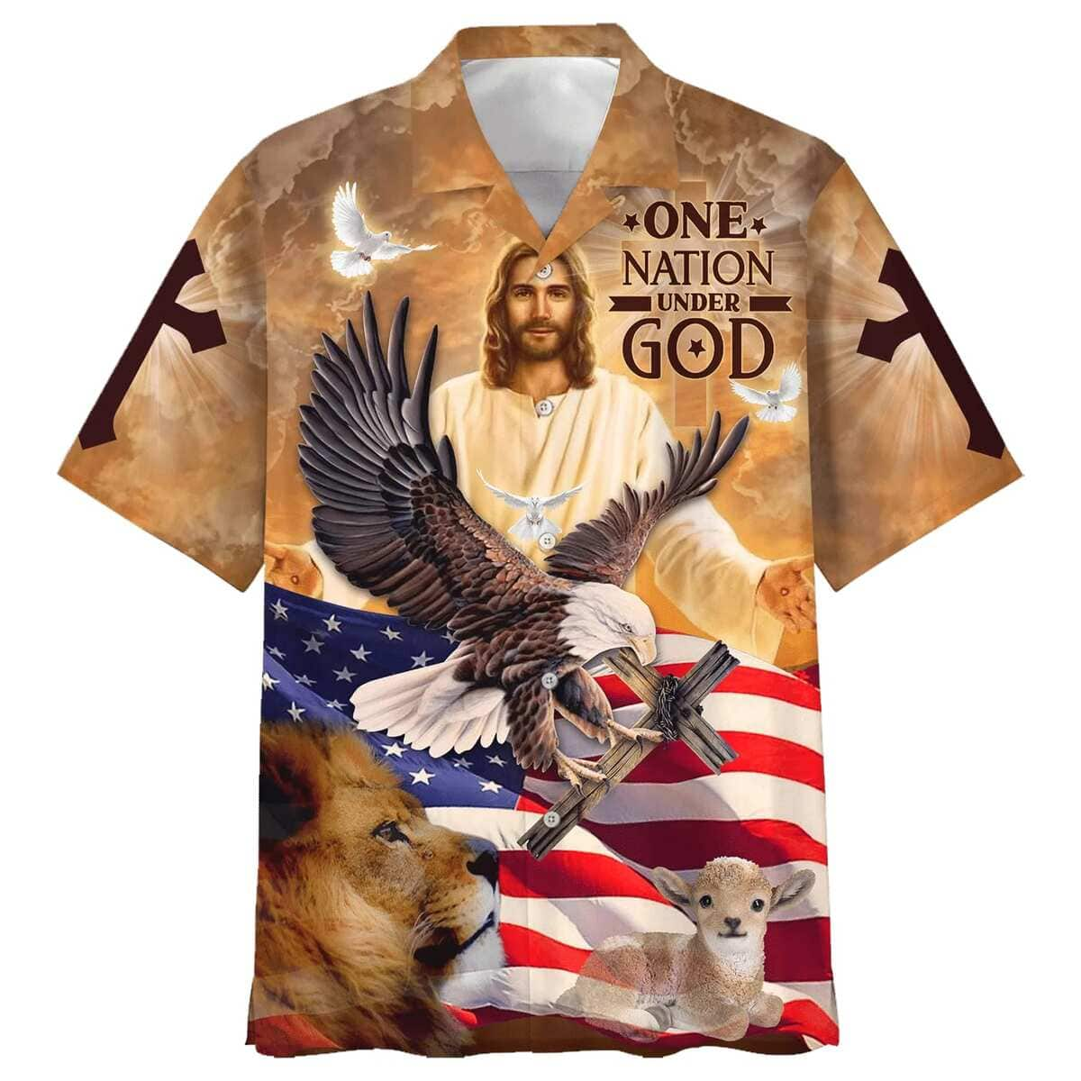 Independence Day US Flag One Nation Under God Jesus And Lion Eagle American Christian Faith Hawaiian Shirt