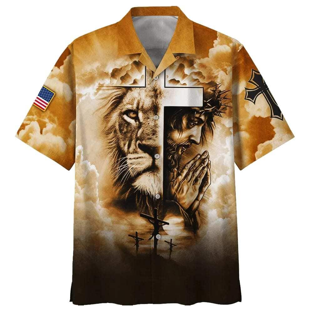 US Flag Lion Pray With Jesus On The Cross Christian Faith Hawaiian Shirt US Flag Lion Pray With Jesus On The Cross Christian Faith Hawaiian Shirt