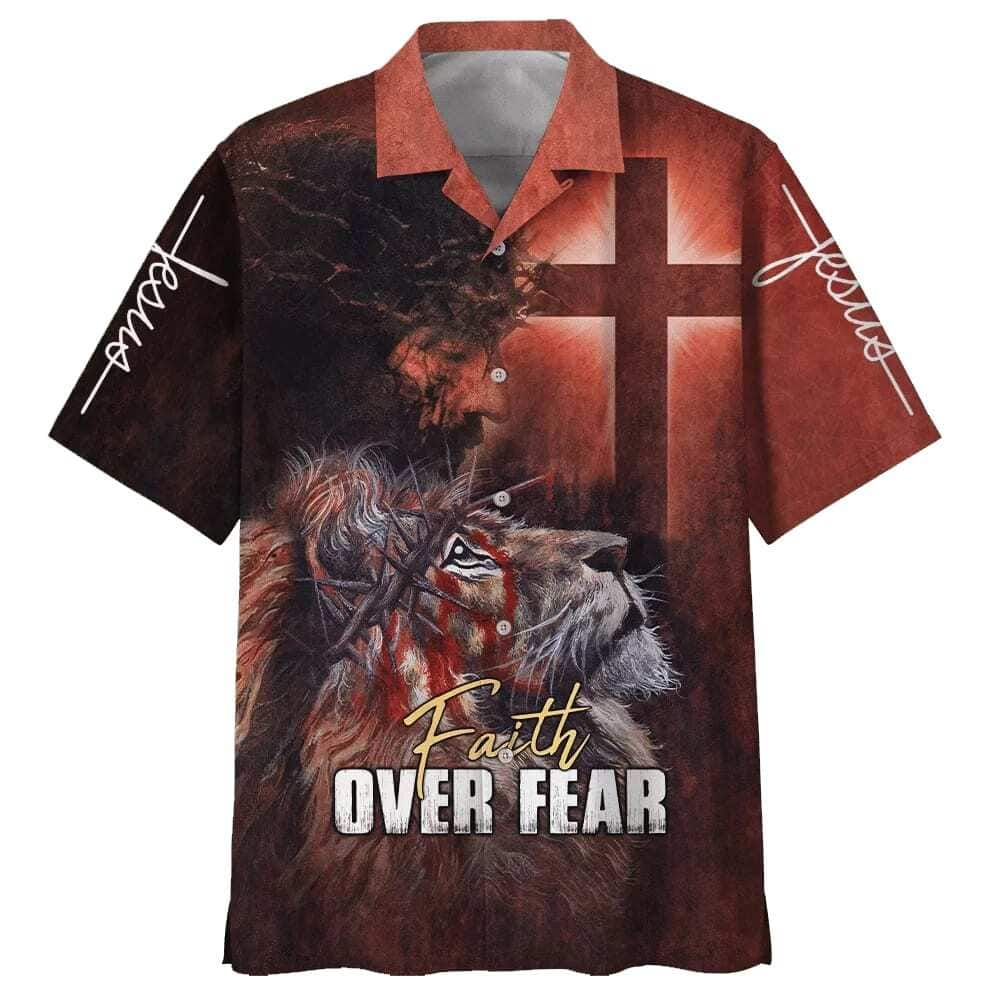 Jesus Faith Over Fear Lion Cross Christian Faith US Flag Hawaiian Shirt Jesus Faith Over Fear Lion Cross Christian Faith US Flag Hawaiian Shirt