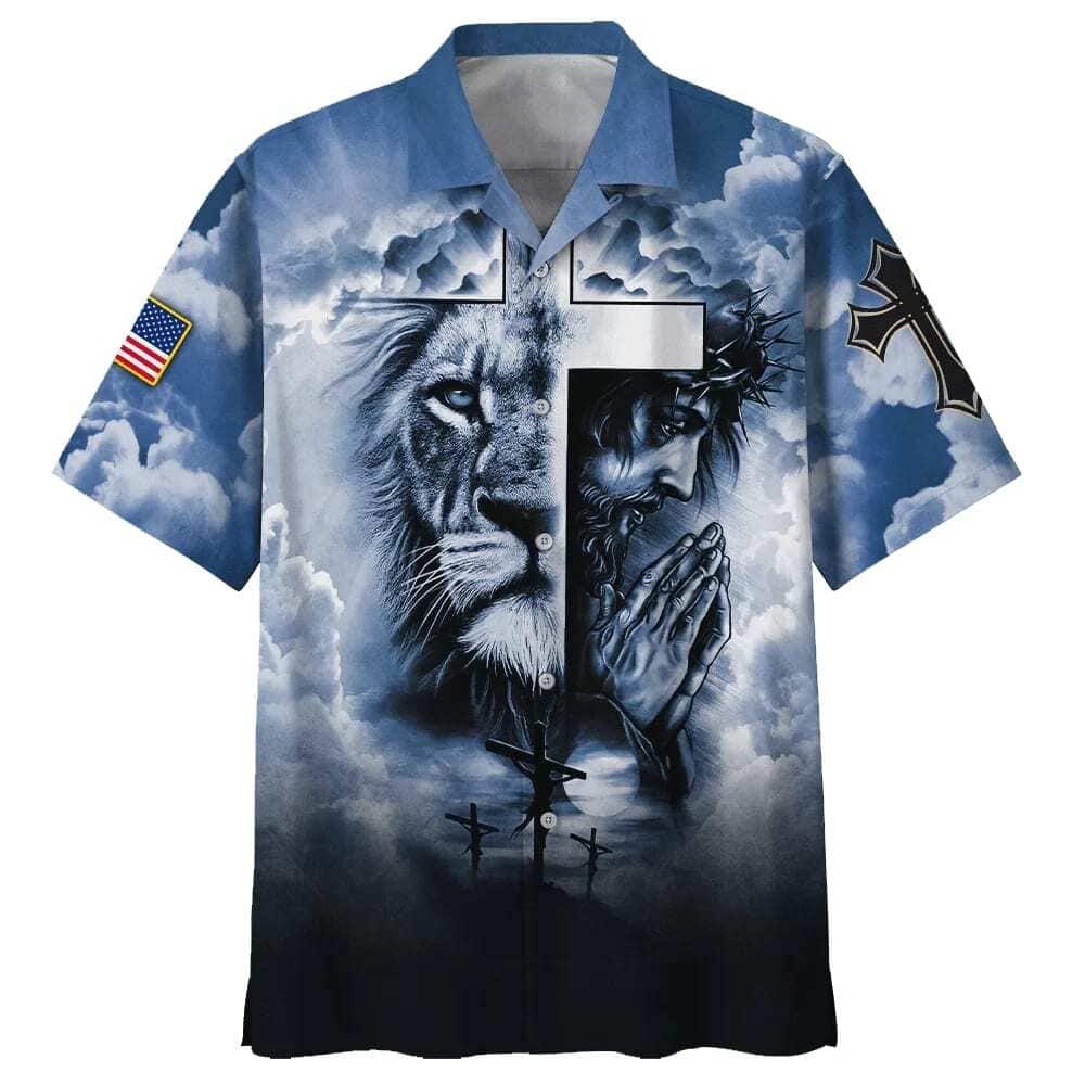 Jesus And Cross Lion Pray Christian Faith Blue Sky Hawaiian Shirt Jesus And Cross Lion Pray Christian Faith Blue Sky Hawaiian Shirt