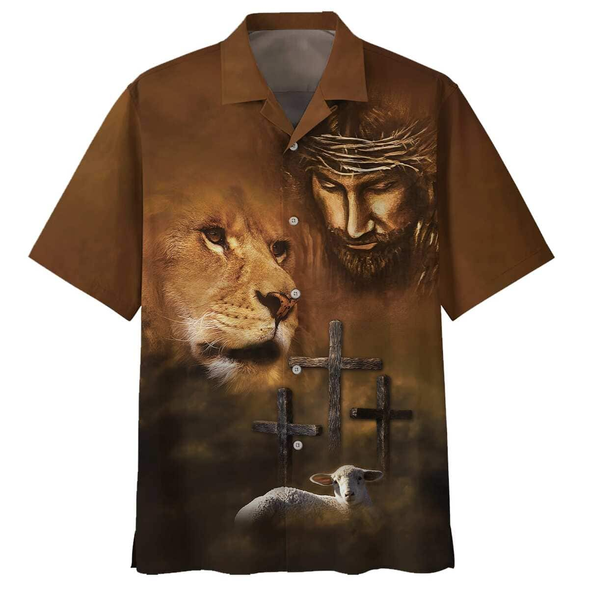 Jesus Lion And The Lamb Three Cross Christian Hawaiian Shirt