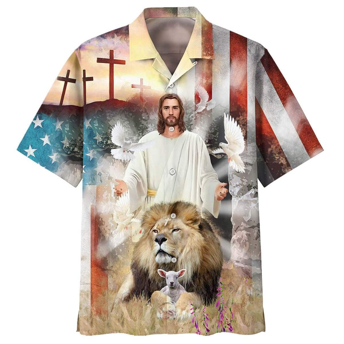 Jesus Lion And The Lamb Cross Christian American Flag 4th Of July Hawaiian Shirt