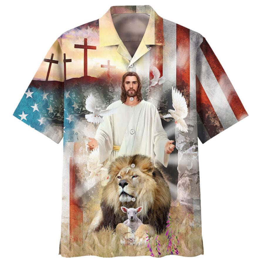 Jesus Lion And The Lamb Cross Christian American Flag 4th Of July Hawaiian Shirt Jesus Lion And The Lamb Cross Christian American Flag 4th Of July Hawaiian Shirt