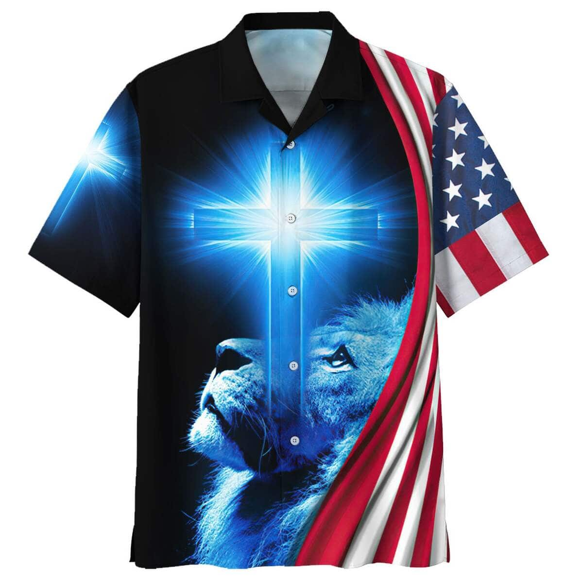 American Flag 4th Of July Lion Cross Christian Hawaiian Shirt