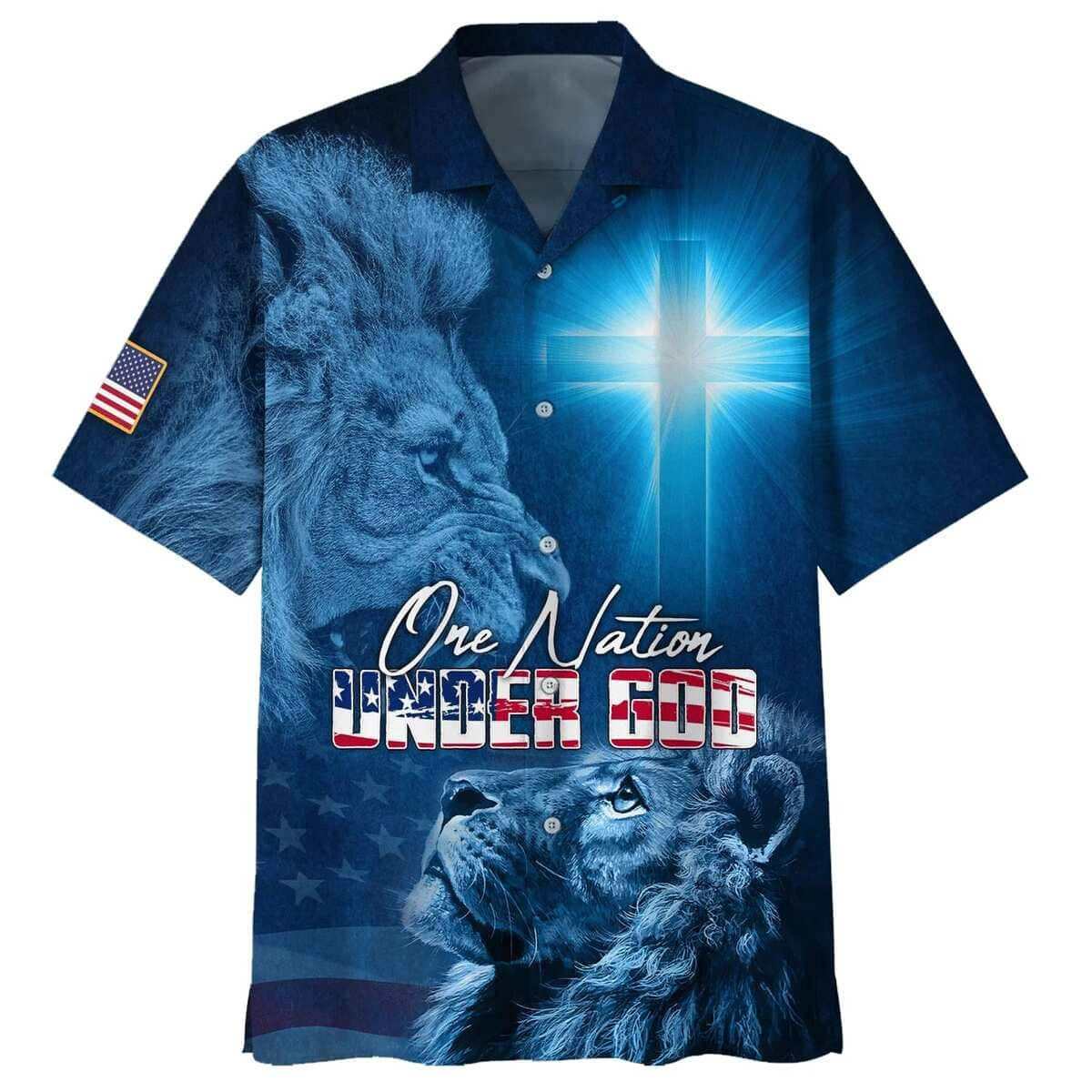 One Nation Under God Lion Christian American Flag Patriot Hawaiian Shirt