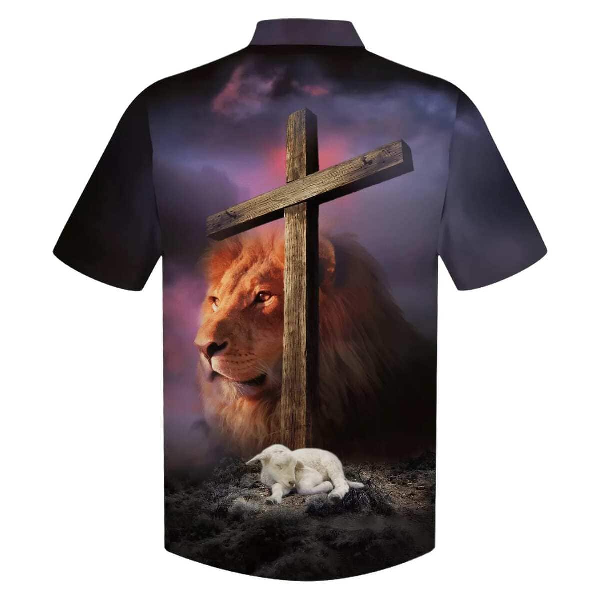 Lion Sheep Wooden Cross Christian Hawaiian Shirt Lion Sheep Wooden Cross Christian Hawaiian Shirt