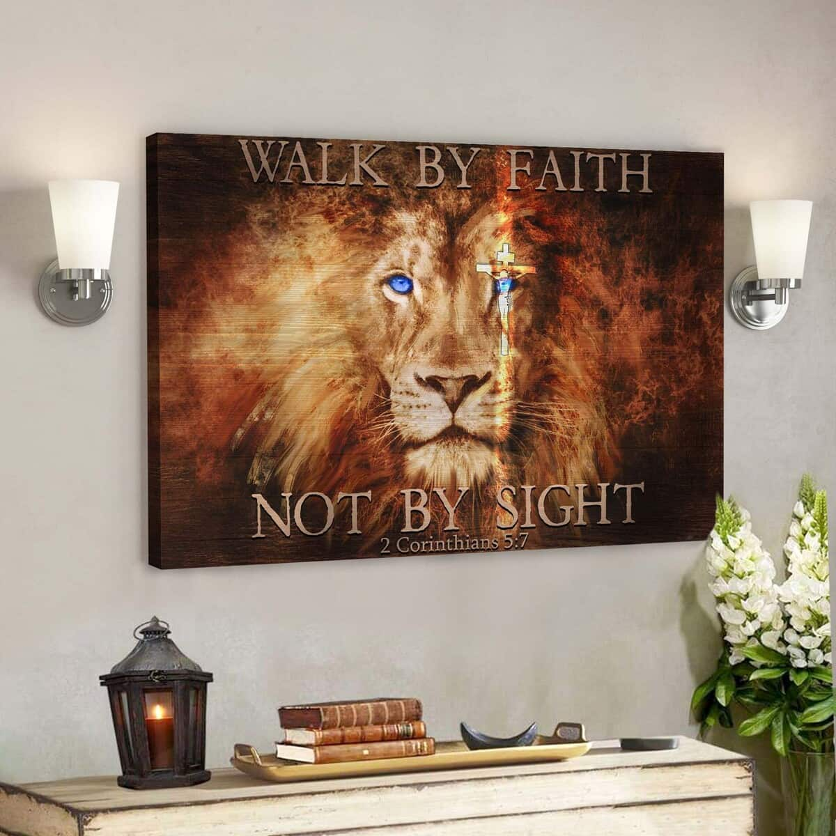 Fascinating Lion Walk By Faith Not By Sight Jesus Bible Verse Scripture Canvas Wall Art