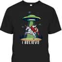 Funny Jesus And Santa Riding On Unicorn Christmas Alien UFO Believe T-Shirt
