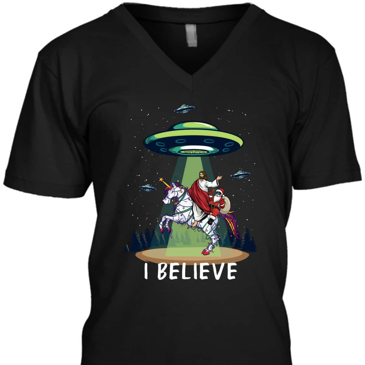 Funny Jesus And Santa Riding On Unicorn Christmas Alien UFO Believe T-Shirt Funny Jesus And Santa Riding On Unicorn Christmas Alien UFO Believe T-Shirt