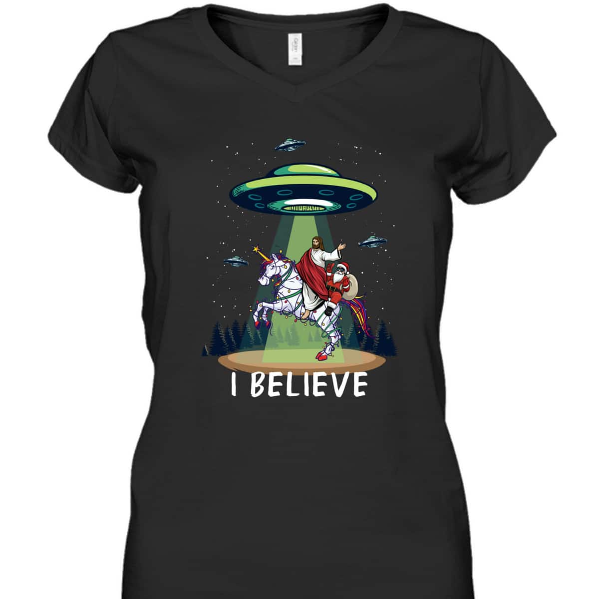 Funny Jesus And Santa Riding On Unicorn Christmas Alien UFO Believe T-Shirt