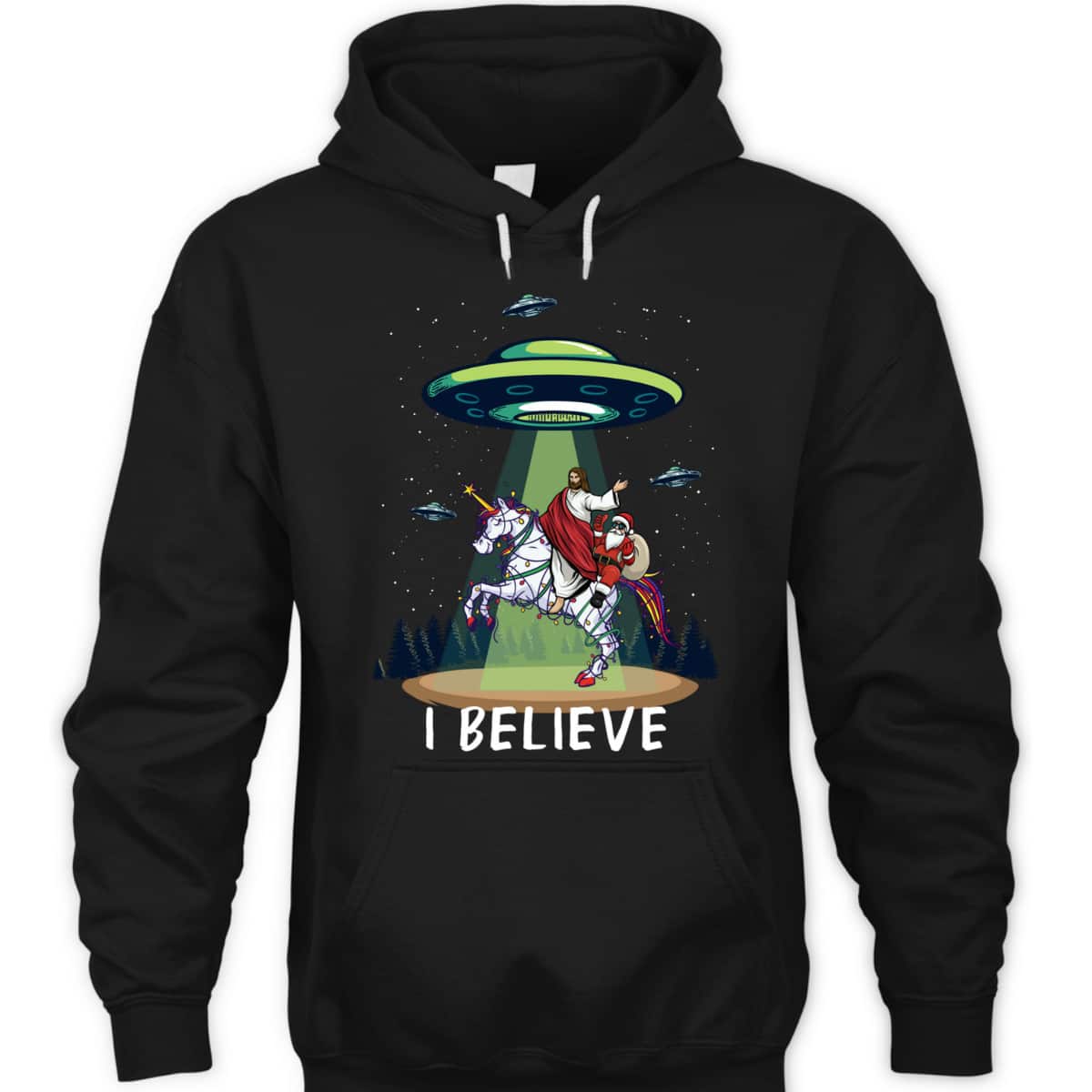 Funny Jesus And Santa Riding On Unicorn Christmas Alien UFO Believe T-Shirt Funny Jesus And Santa Riding On Unicorn Christmas Alien UFO Believe T-Shirt