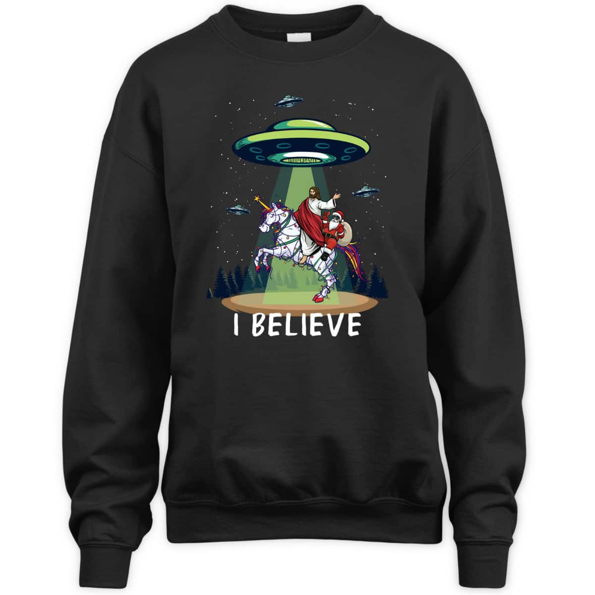 Funny Jesus And Santa Riding On Unicorn Christmas Alien UFO Believe T-Shirt