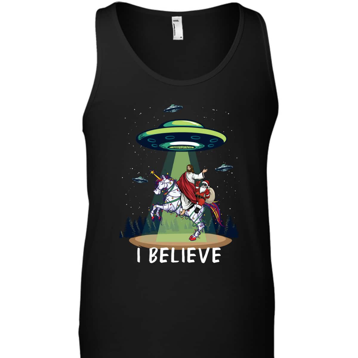 Funny Jesus And Santa Riding On Unicorn Christmas Alien UFO Believe T-Shirt Funny Jesus And Santa Riding On Unicorn Christmas Alien UFO Believe T-Shirt