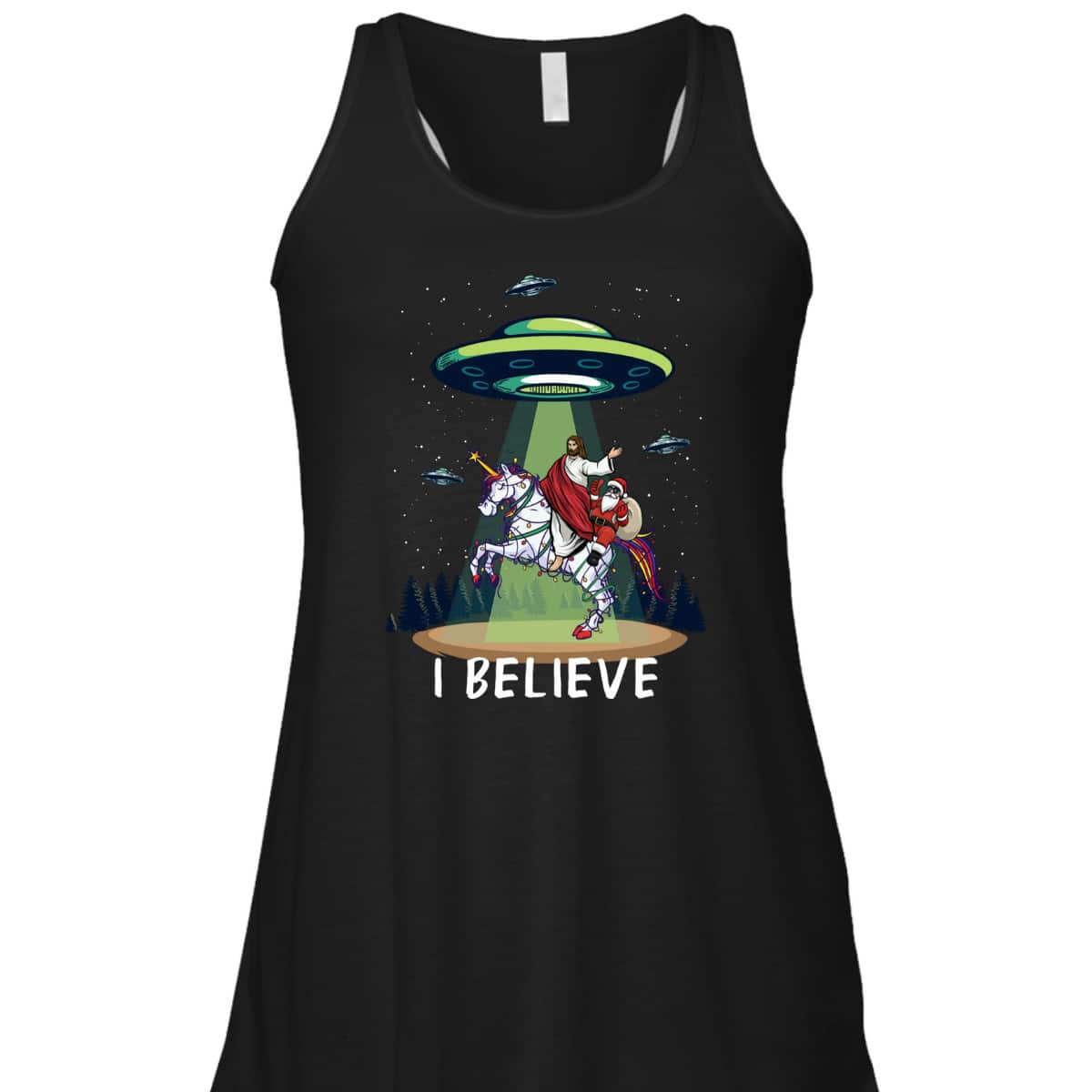 Funny Jesus And Santa Riding On Unicorn Christmas Alien UFO Believe T-Shirt Funny Jesus And Santa Riding On Unicorn Christmas Alien UFO Believe T-Shirt