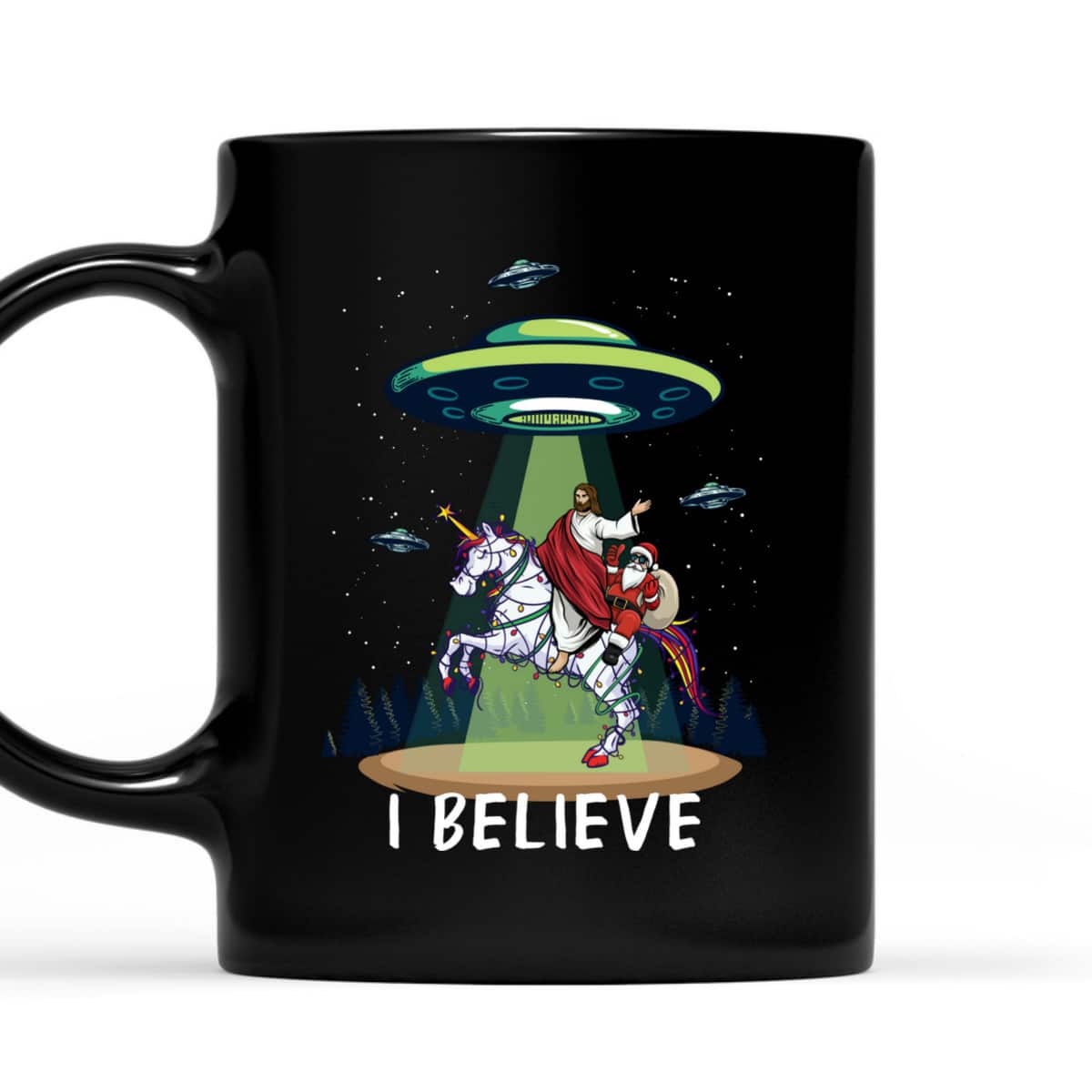 Funny Jesus And Santa Riding On Unicorn Christmas Alien UFO Believe T-Shirt
