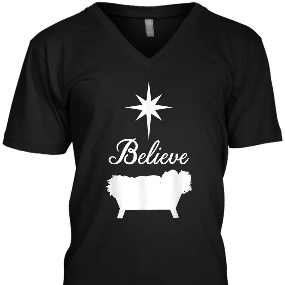 Believe Baby Jesus Born In The Manger Christmas T-Shirt Believe Baby Jesus Born In The Manger Christmas T-Shirt
