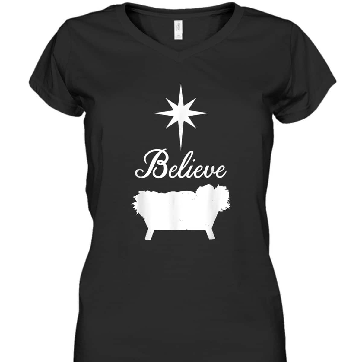 Believe Baby Jesus Born In The Manger Christmas T-Shirt Believe Baby Jesus Born In The Manger Christmas T-Shirt