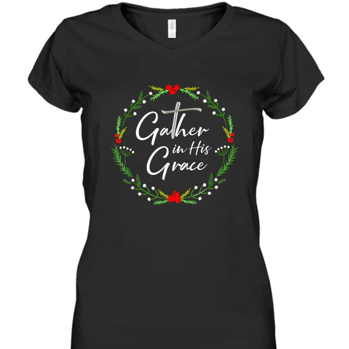 Pretty Christmas Gather In His Grace Christian T-Shirt