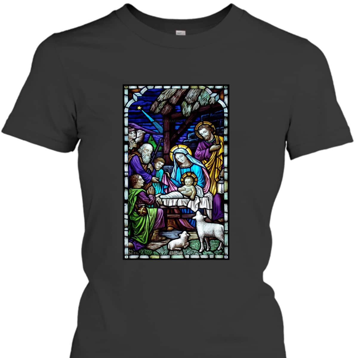 Nativity Stain Glass Christmas Xmas Jesus God Faith T-Shirt