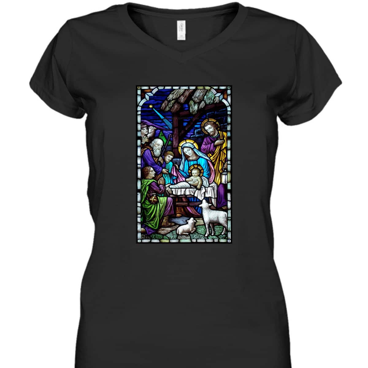 Nativity Stain Glass Christmas Xmas Jesus God Faith T-Shirt