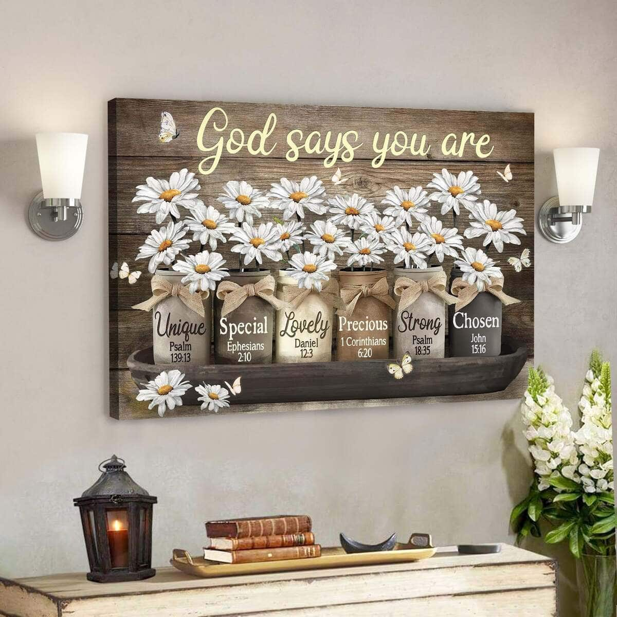 Daisy Jar God Says You Are Bible Verse Scripture Canvas Wall Art