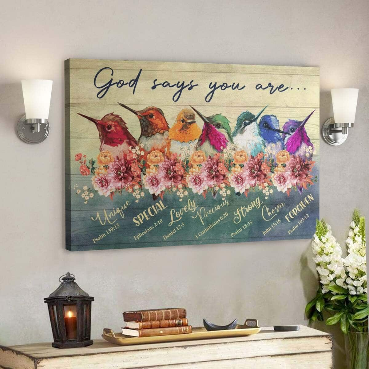 Bible Verse Colorful Hummingbird God Says You Are Canvas Wall Art