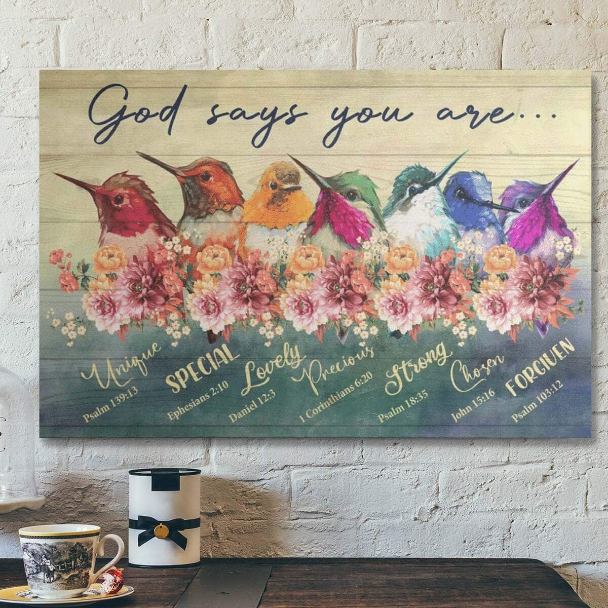 Bible Verse Colorful Hummingbird God Says You Are Canvas Wall Art Bible Verse Colorful Hummingbird God Says You Are Canvas Wall Art
