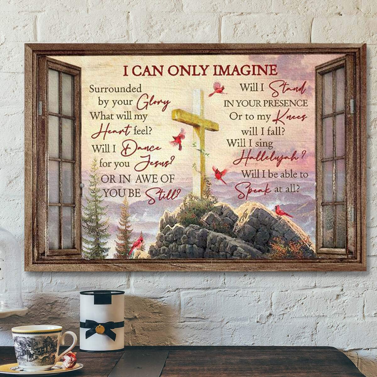 Christian Beautiful Mountain Wooden Cross Pink Sunset I Can Only Imagine Canvas Wall Art