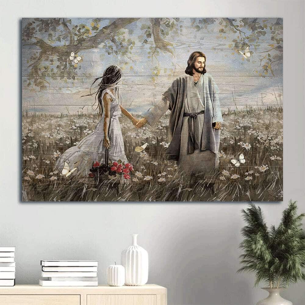 Daisy Field Pretty Girl Rose Vase Walking With Jesus White Butterfly Christian Canvas Wall Art Daisy Field Pretty Girl Rose Vase Walking With Jesus White Butterfly Christian Canvas Wall Art