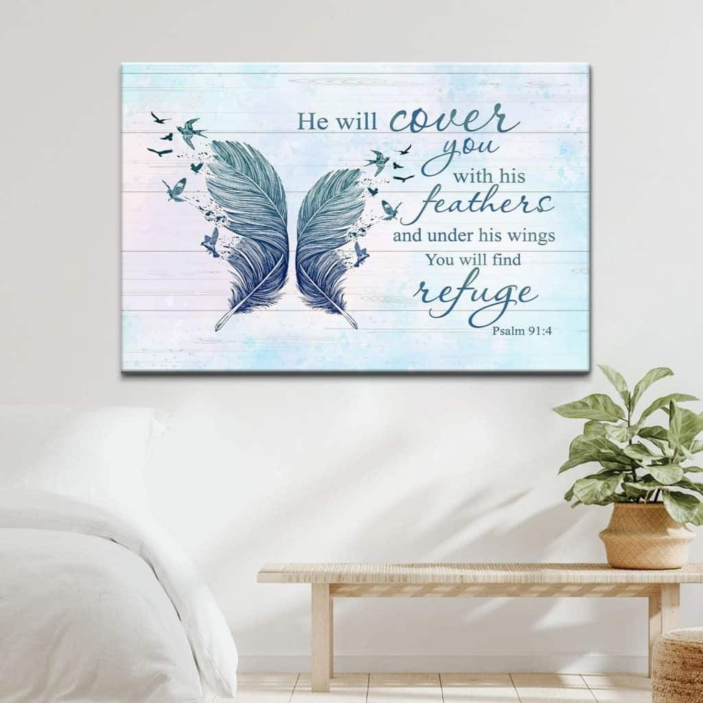 He Will Cover You With His Feathers Psalm 914 Bible Verse Religious Canvas Wall Art He Will Cover You With His Feathers Psalm 914 Bible Verse Religious Canvas Wall Art