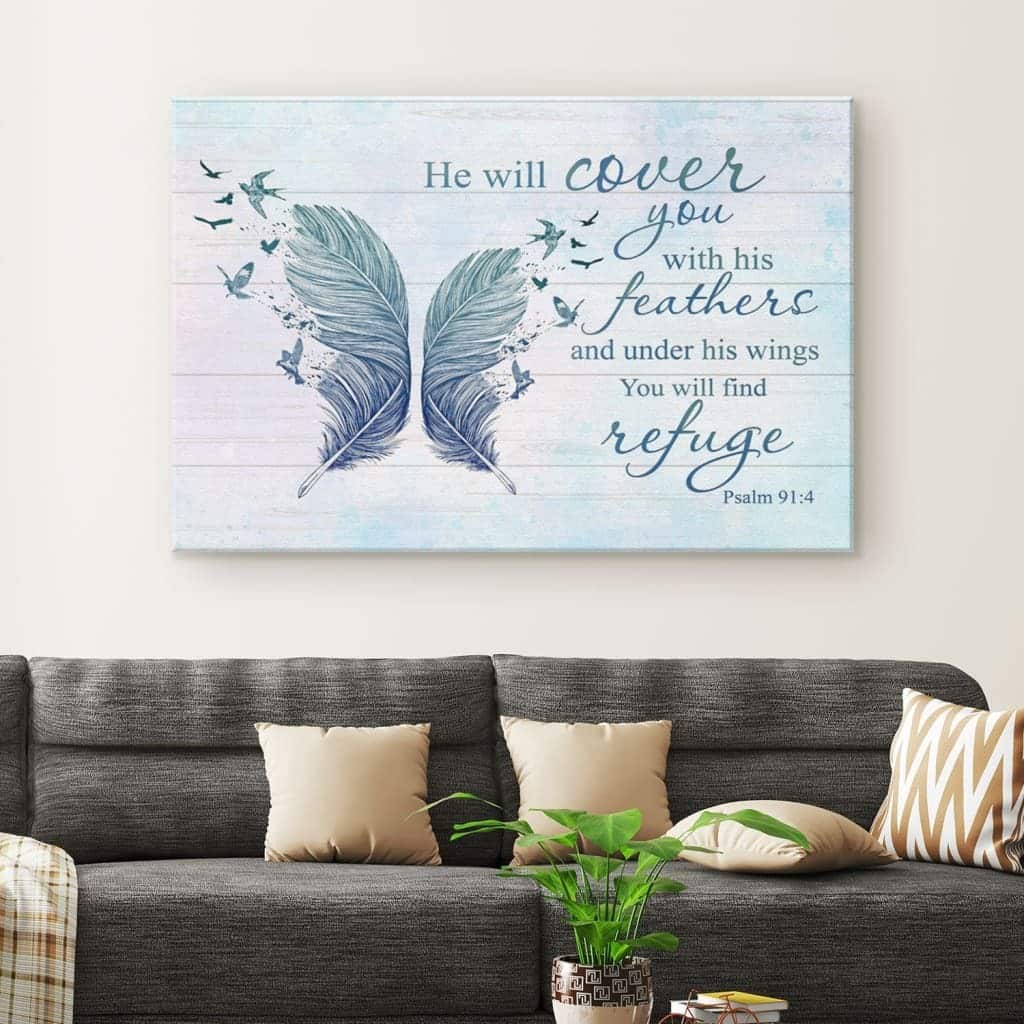 He Will Cover You With His Feathers Psalm 914 Bible Verse Religious Canvas Wall Art He Will Cover You With His Feathers Psalm 914 Bible Verse Religious Canvas Wall Art