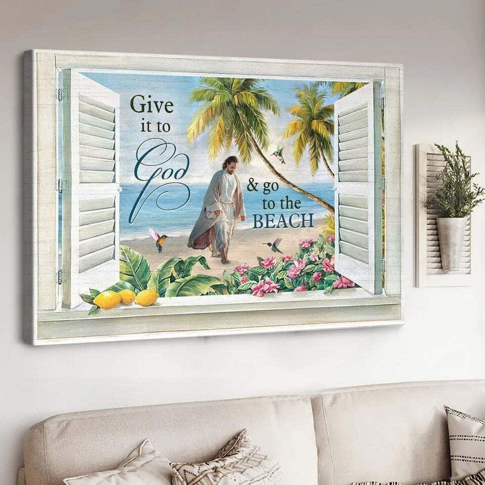 Jesus Walks Sand Beach Palm Trees Give It To God And Go To The Beach Jesus Christian Canvas Wall Art Jesus Walks Sand Beach Palm Trees Give It To God And Go To The Beach Jesus Christian Canvas Wall Art