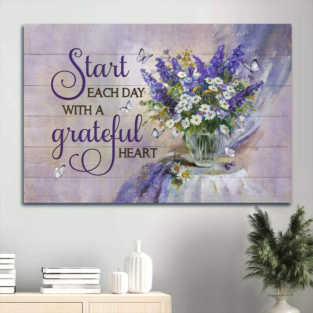 Beautiful Lavender Flower Daisy Vase Start Each Day With A Grateful Heart Christian Canvas Wall Art Beautiful Lavender Flower Daisy Vase Start Each Day With A Grateful Heart Christian Canvas Wall Art