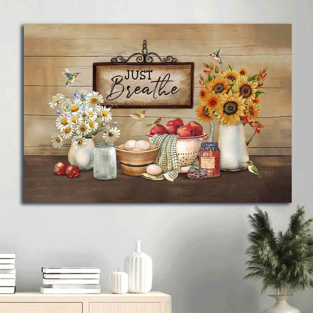 Beautiful Daisy Pretty Kitchen Vintage Sign Hummingbird Just Breathe Christian Canvas Wall Art