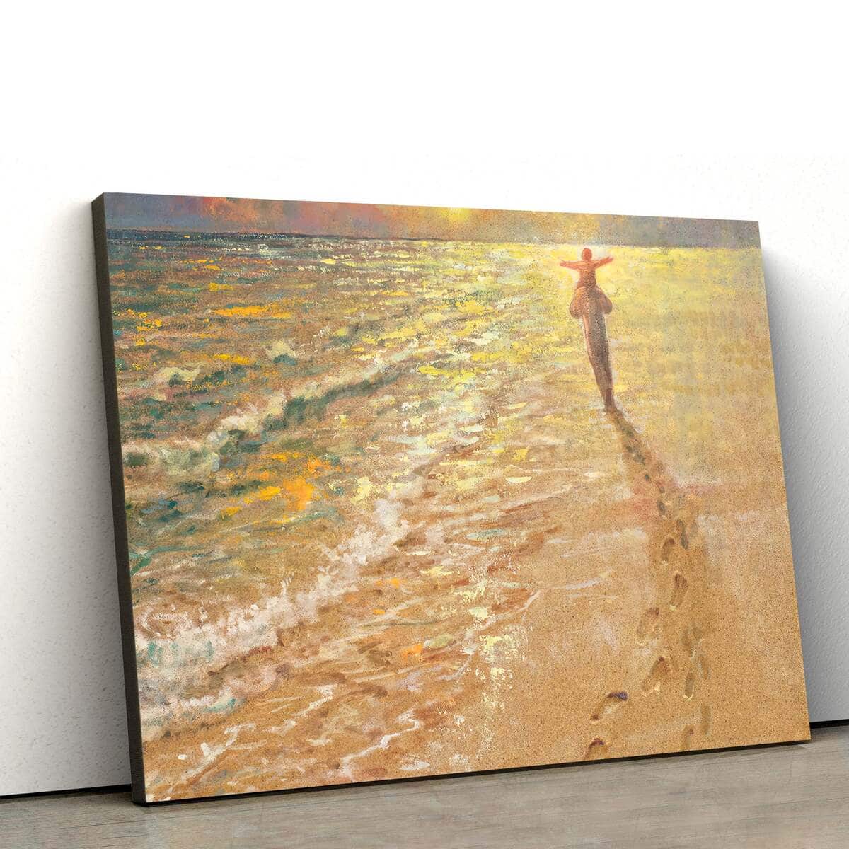 Footprints In The Sand Jesus And A Child Walk On The Beach Jesus Christ Christian Canvas Wall Art
