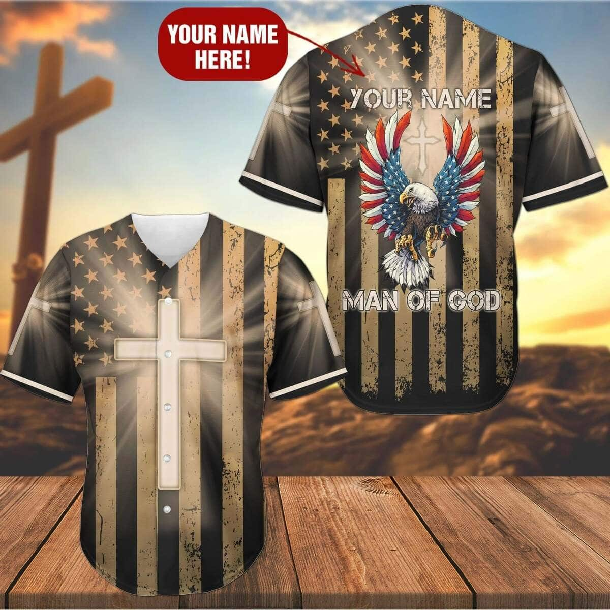 Customize Personalized Cross America Flag Eagle Man Of God Baseball Jersey