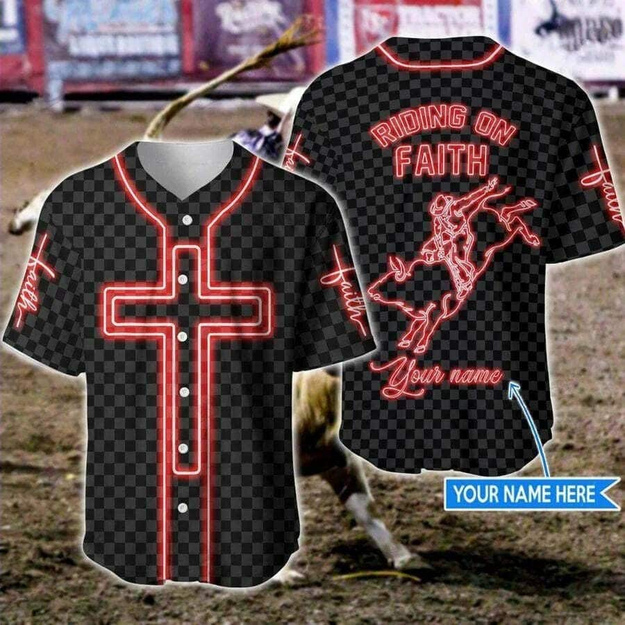 Customize Personalized Cross Bull Riding Bull Riding On Faith Retro Baseball Jersey