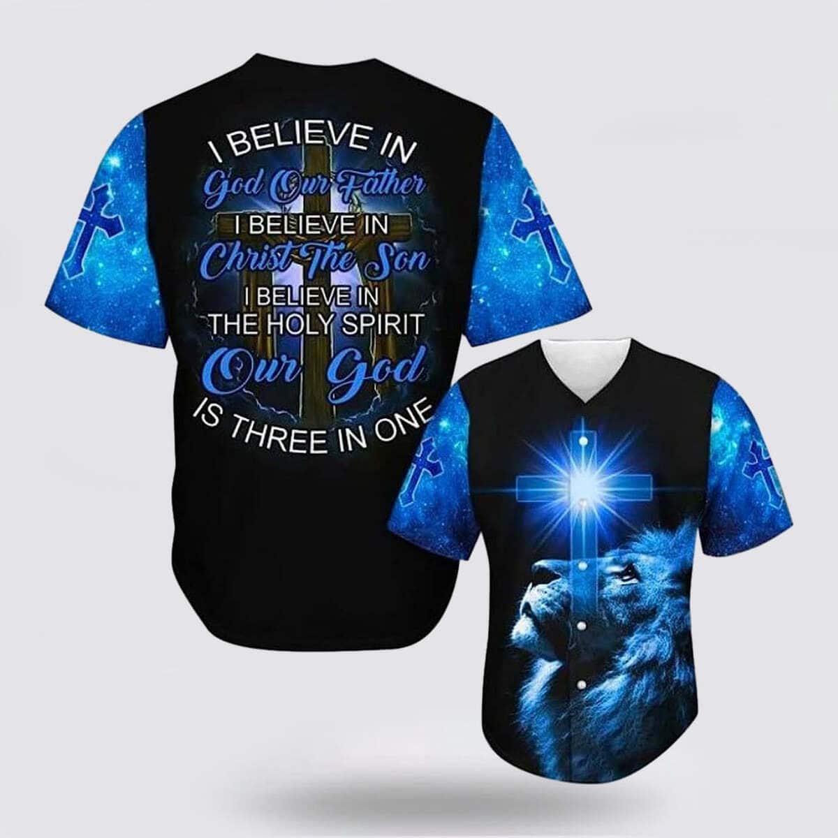 Lion I Believe In God Our Father Blue Jesus Religious Christian Baseball Jersey
