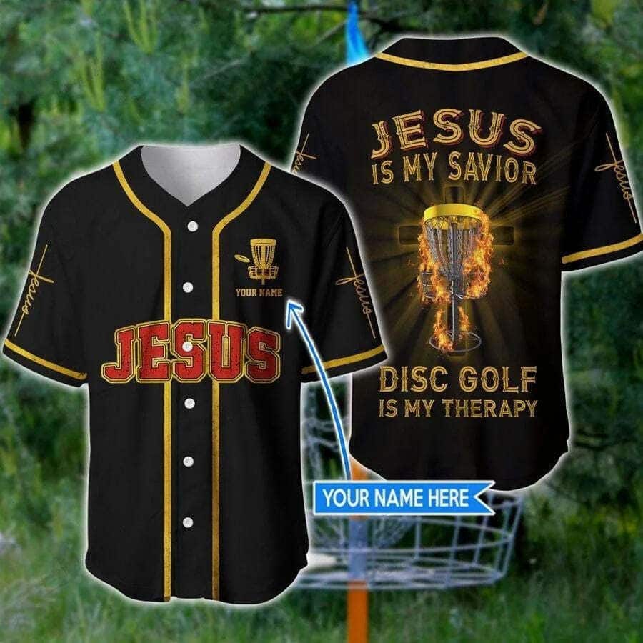 Customize Personalized Cross Flame Jesus Disc Golf Is My Therapy Baseball Jersey