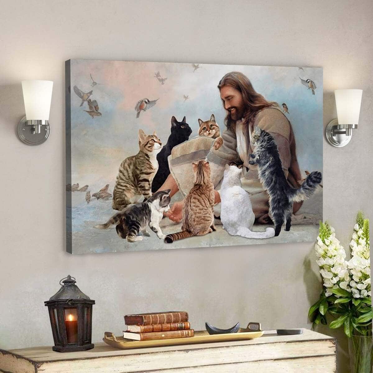 Jesus Is Surrounded By Cats Jesus With Cats Christian Canvas Wall Art