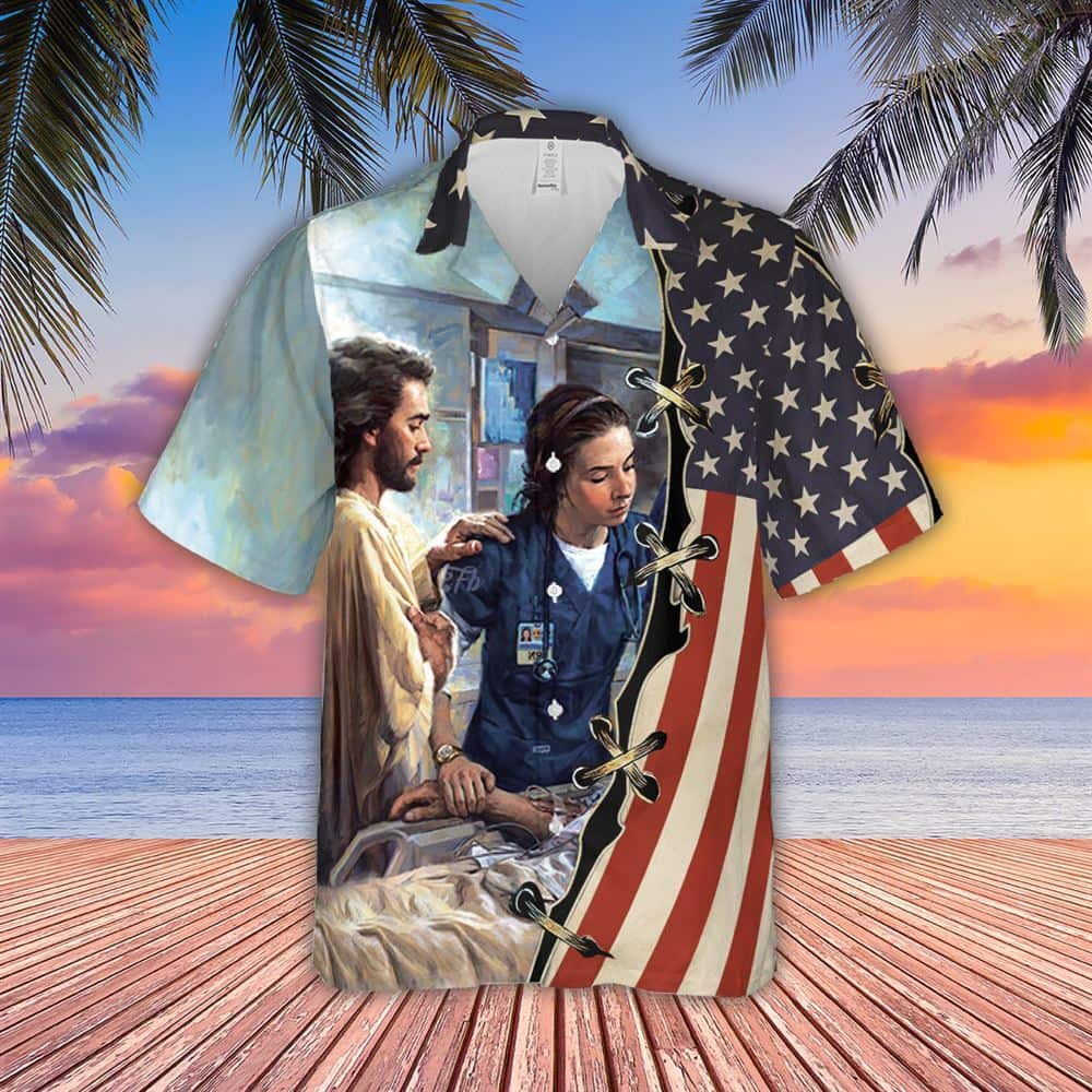 God Beside Nurse Religious Christian US Flag Hawaiian Shirt