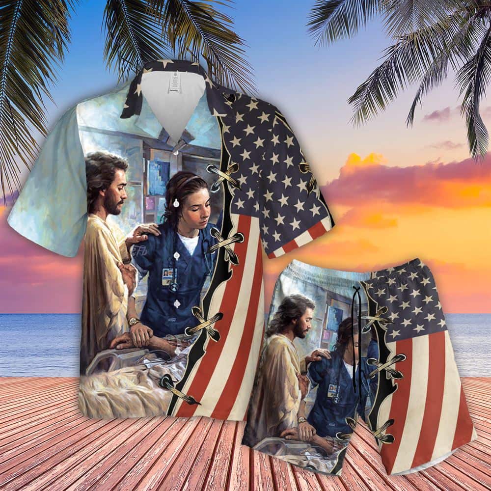 God Beside Nurse Religious Christian US Flag Hawaiian Shirt God Beside Nurse Religious Christian US Flag Hawaiian Shirt