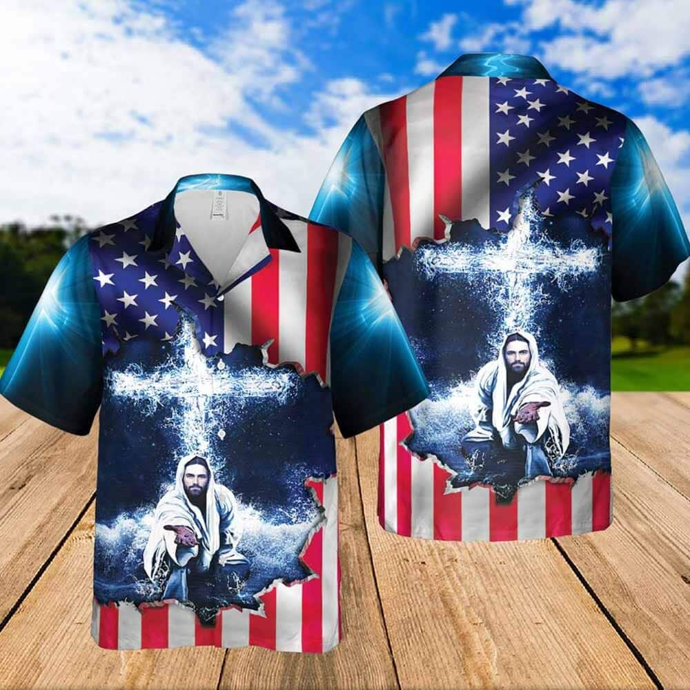 Jeusus Take My Hand American Flag Cross Christian Hawaiian Shirt