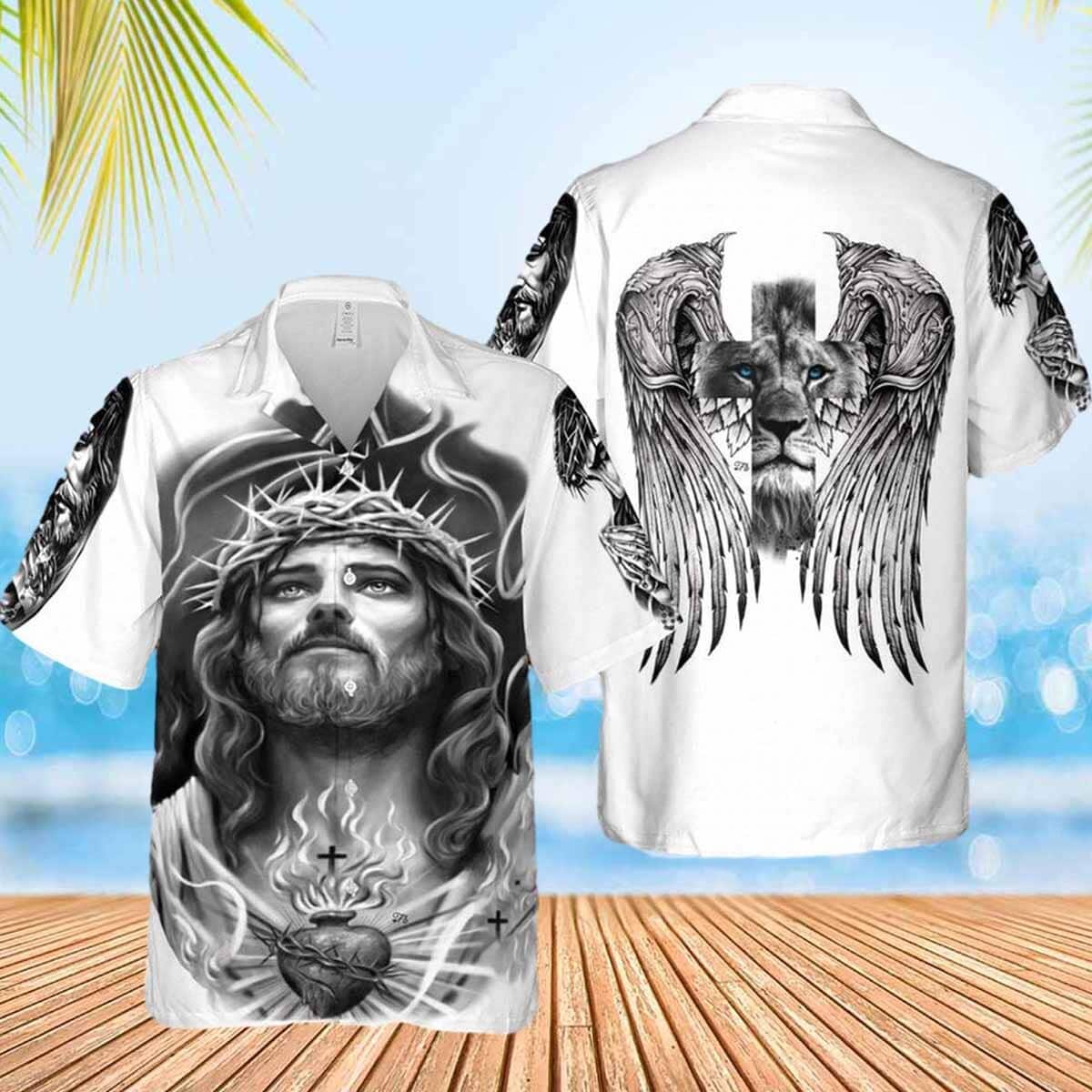 Jesus Lion Heart Wings Christian Lion Angle Wings Hawaiian Shirt