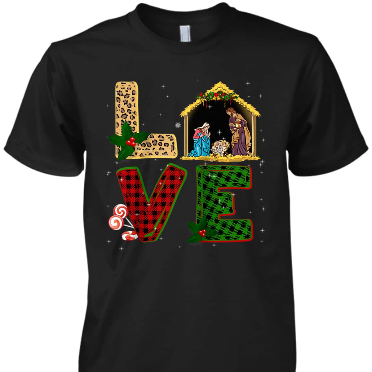 Leopard Plaid Christmas Nativity Christian Love T-Shirt