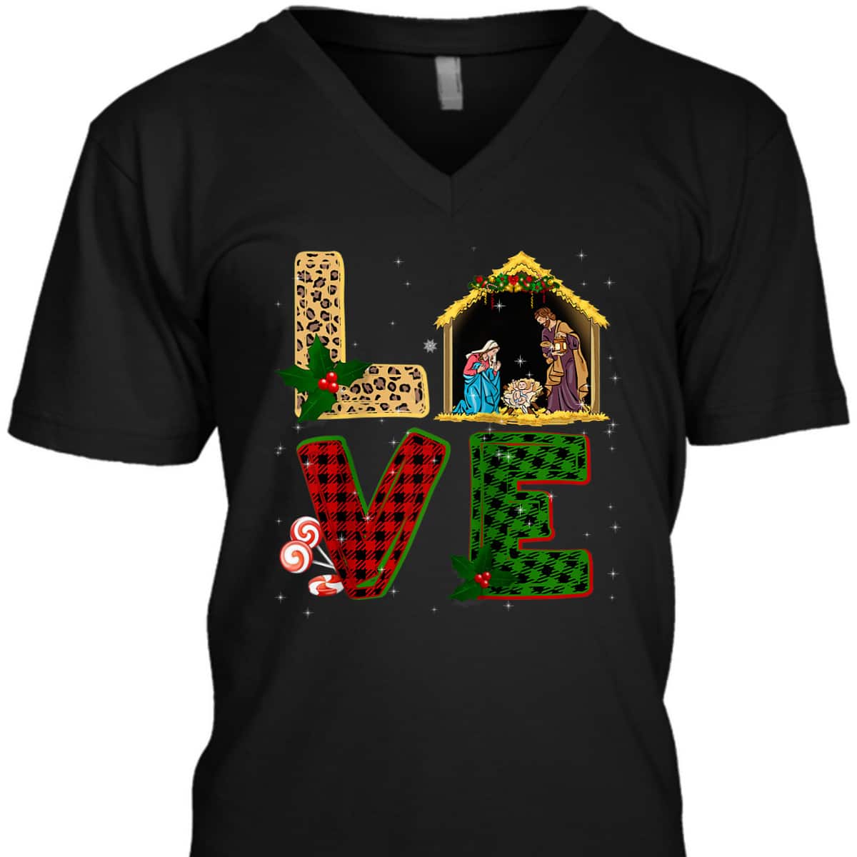 Leopard Plaid Christmas Nativity Christian Love T-Shirt